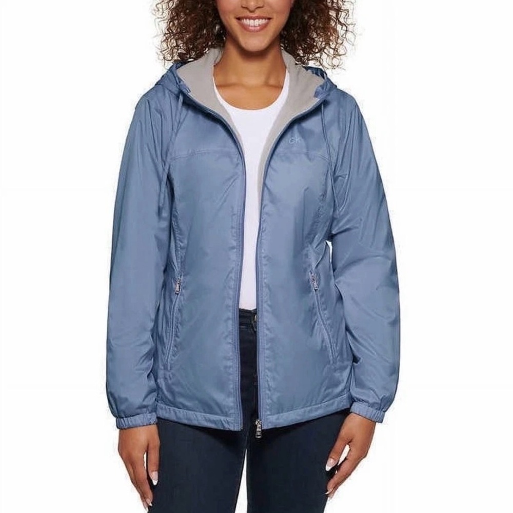 Calvin Klein Hooded Windbreaker Fleece-Lined Jacket Bluestone Blue Women Size XL